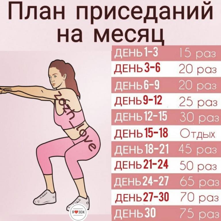 Схема приседаний на 30 дней для девушек: программа тренировок, комплекс упражнений для похудения