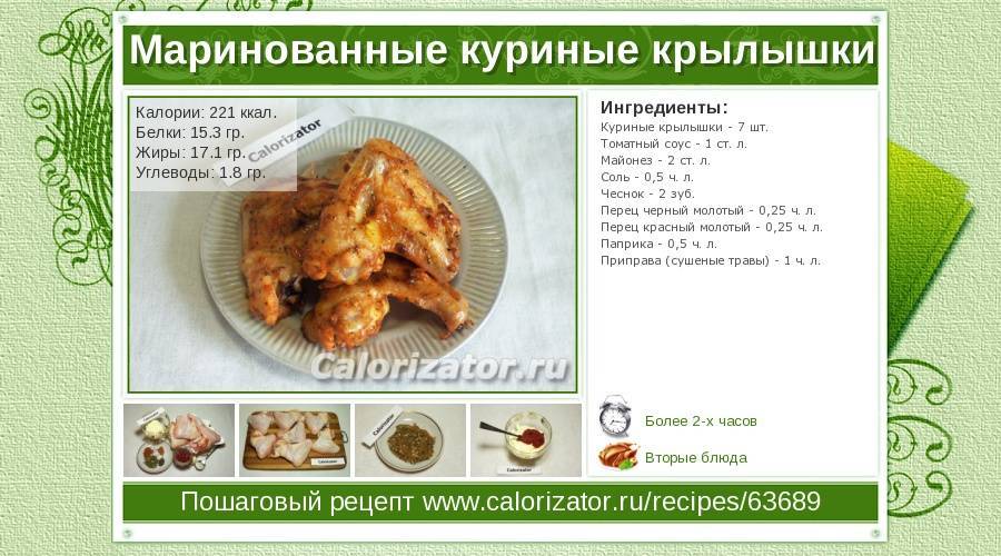 Куриные крылышки варёные или тушёные — калорийность (сколько калорий в 100 граммах)