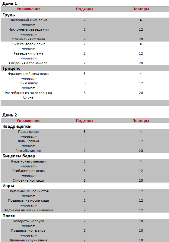 Программа тренировок для набора мышечной. План упражнений в тренажерном зале для мужчин для набора массы. Программа тренировок в тренажерном зале 2 дня в неделю.