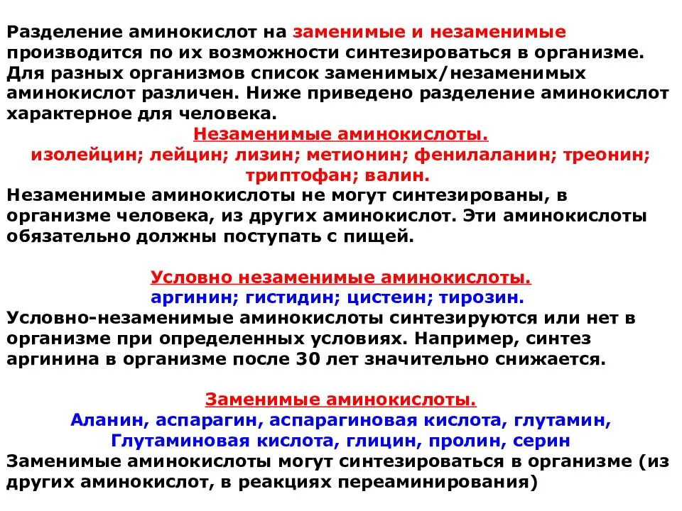 20 основных заменимых и незаменимых аминокислот