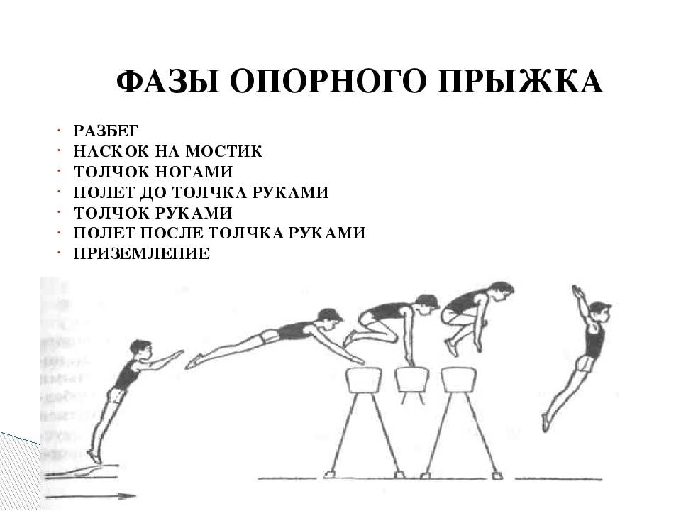 Установите соответствие между фазами опорного прыжка и действием гимнаста на рисунке